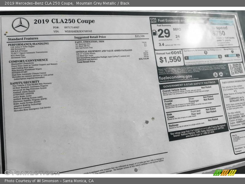 Mountain Grey Metallic / Black 2019 Mercedes-Benz CLA 250 Coupe