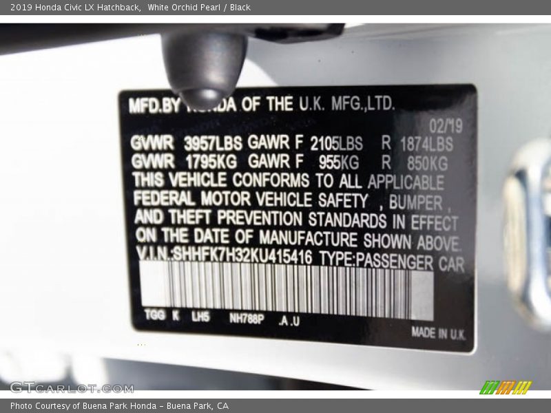 White Orchid Pearl / Black 2019 Honda Civic LX Hatchback