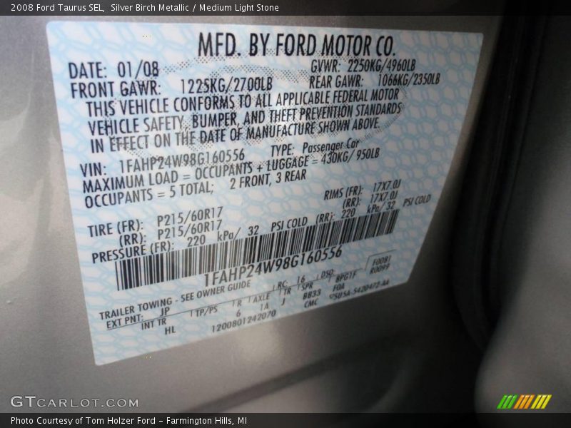 Silver Birch Metallic / Medium Light Stone 2008 Ford Taurus SEL