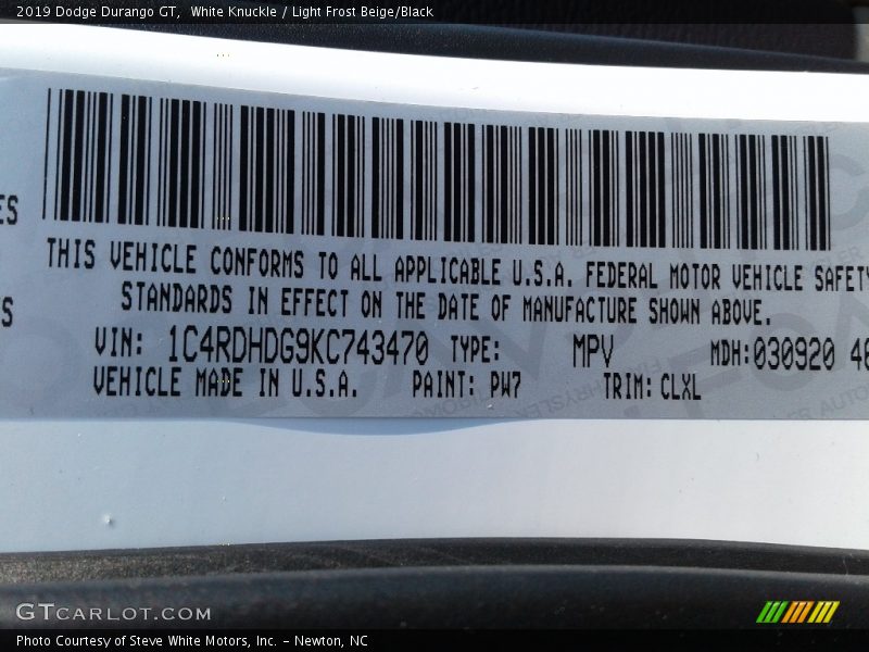 White Knuckle / Light Frost Beige/Black 2019 Dodge Durango GT