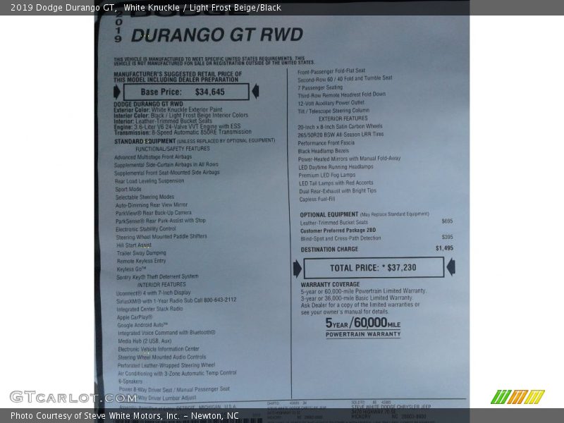 White Knuckle / Light Frost Beige/Black 2019 Dodge Durango GT