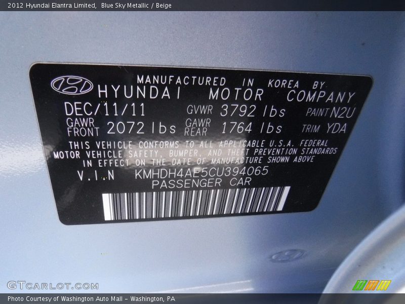 Blue Sky Metallic / Beige 2012 Hyundai Elantra Limited