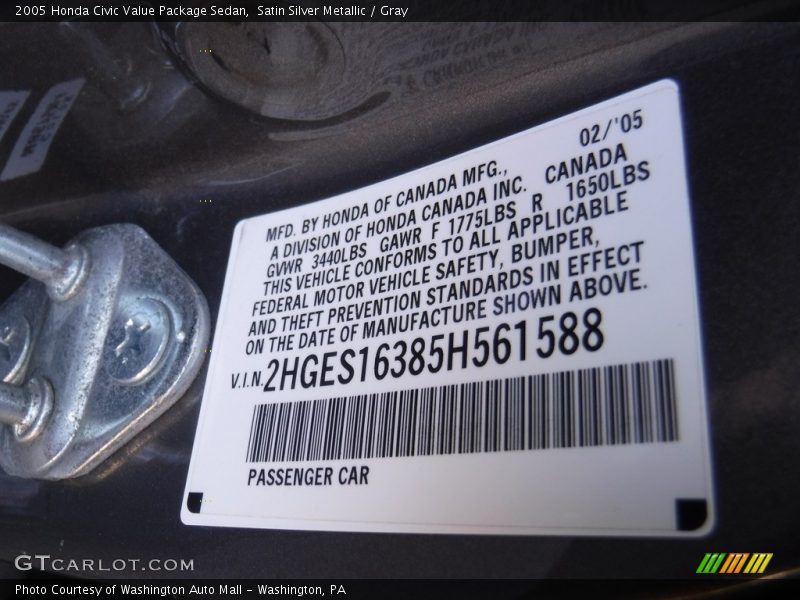 Satin Silver Metallic / Gray 2005 Honda Civic Value Package Sedan