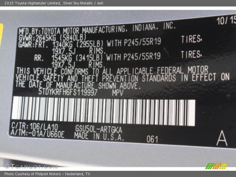 Silver Sky Metallic / Ash 2015 Toyota Highlander Limited