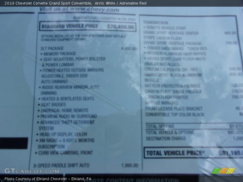 Arctic White / Adrenaline Red 2019 Chevrolet Corvette Grand Sport Convertible