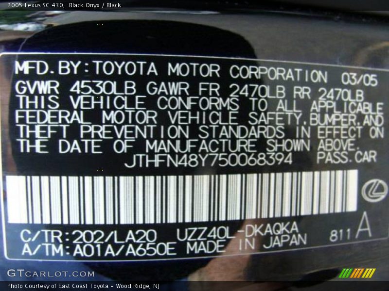 Black Onyx / Black 2005 Lexus SC 430