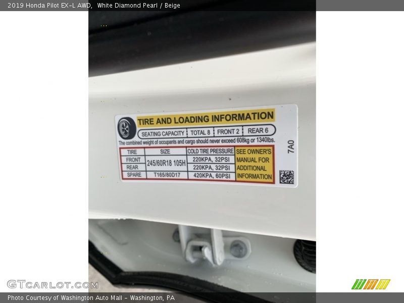 White Diamond Pearl / Beige 2019 Honda Pilot EX-L AWD