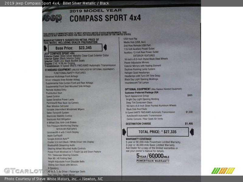  2019 Compass Sport 4x4 Window Sticker