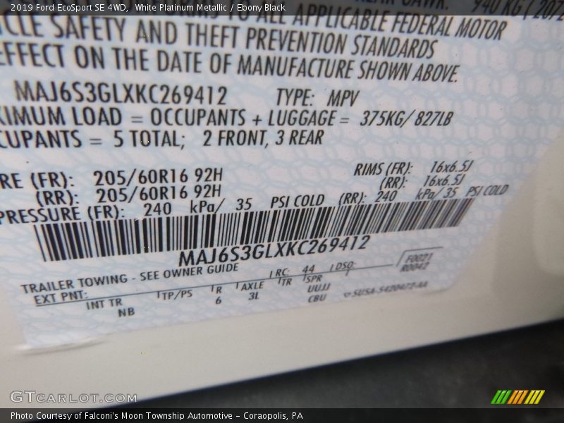 White Platinum Metallic / Ebony Black 2019 Ford EcoSport SE 4WD