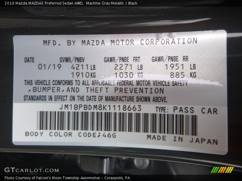 2019 MAZDA3 Preferred Sedan AWD Machine Gray Metallic Color Code 46G