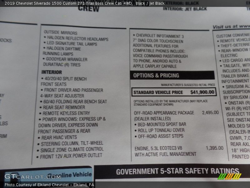 Black / Jet Black 2019 Chevrolet Silverado 1500 Custom Z71 Trail Boss Crew Cab 4WD