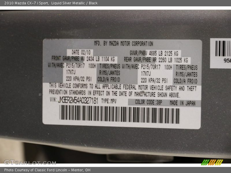 Liquid Silver Metallic / Black 2010 Mazda CX-7 i Sport