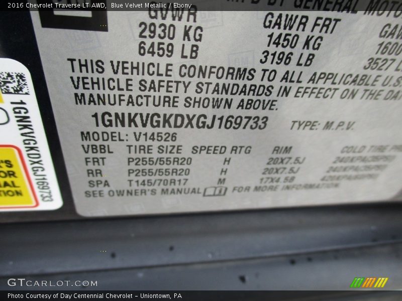 Blue Velvet Metallic / Ebony 2016 Chevrolet Traverse LT AWD