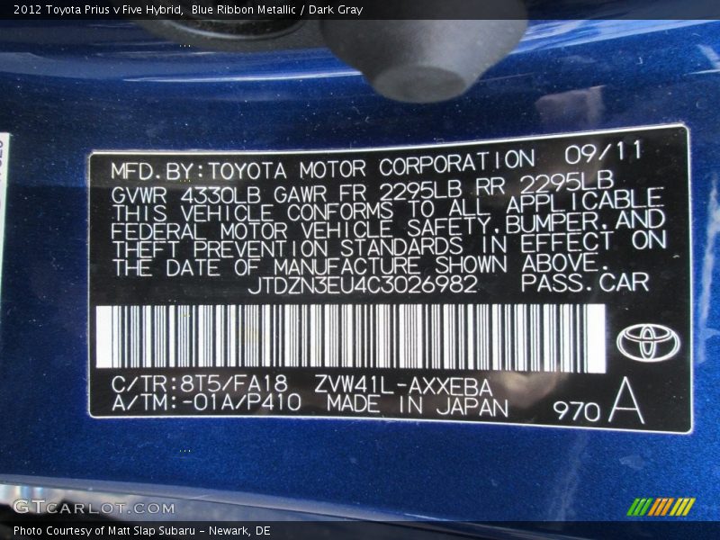 Blue Ribbon Metallic / Dark Gray 2012 Toyota Prius v Five Hybrid