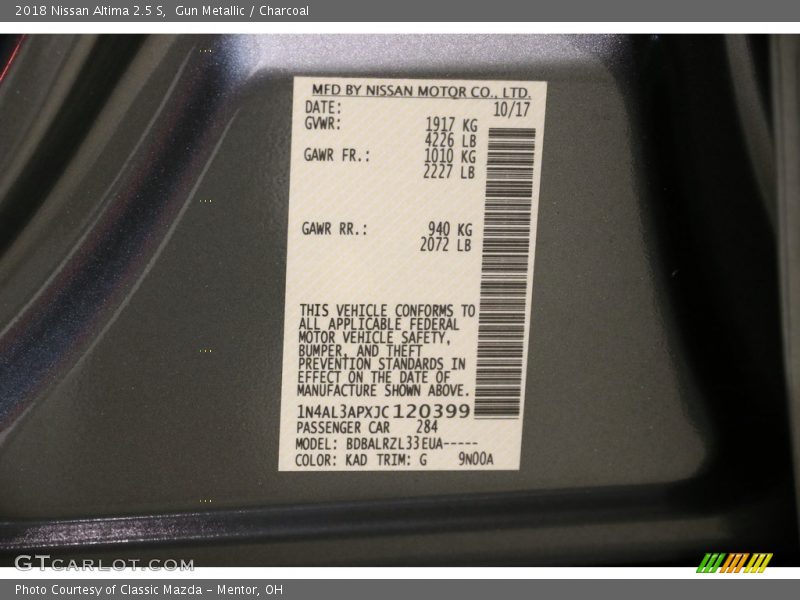Gun Metallic / Charcoal 2018 Nissan Altima 2.5 S