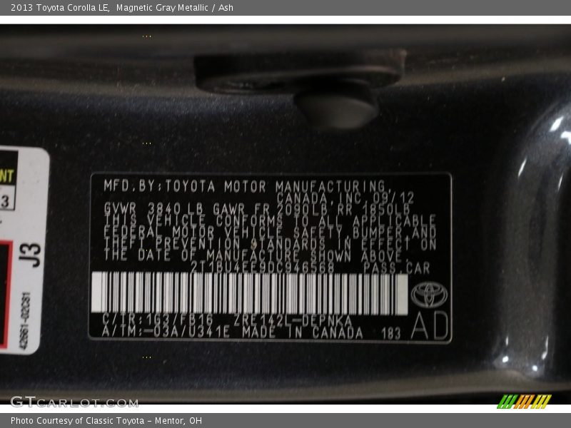 Magnetic Gray Metallic / Ash 2013 Toyota Corolla LE