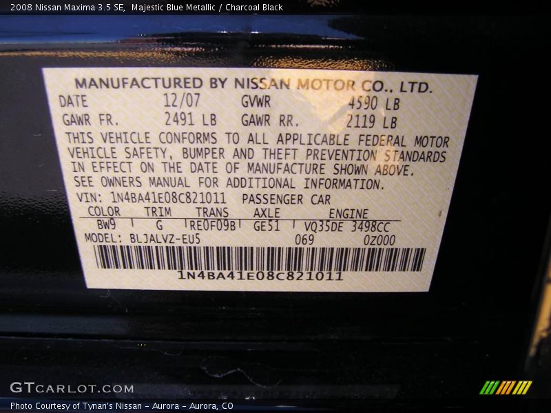 Majestic Blue Metallic / Charcoal Black 2008 Nissan Maxima 3.5 SE