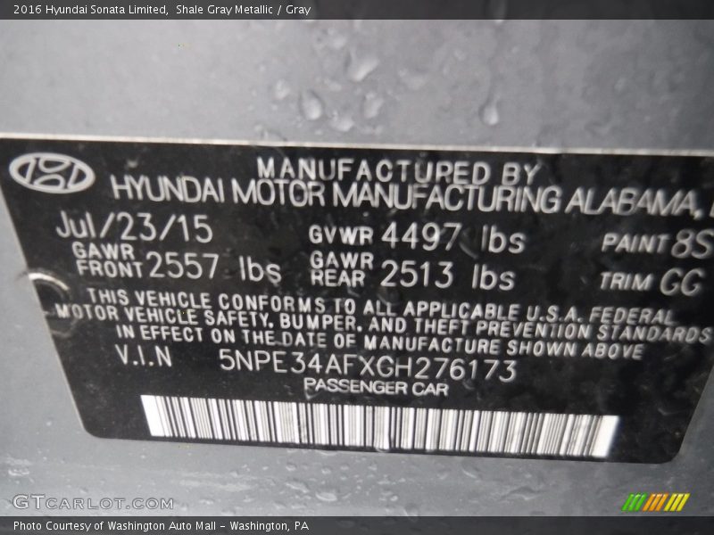 Shale Gray Metallic / Gray 2016 Hyundai Sonata Limited