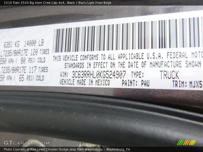 2019 3500 Big Horn Crew Cab 4x4 Black Color Code PAU