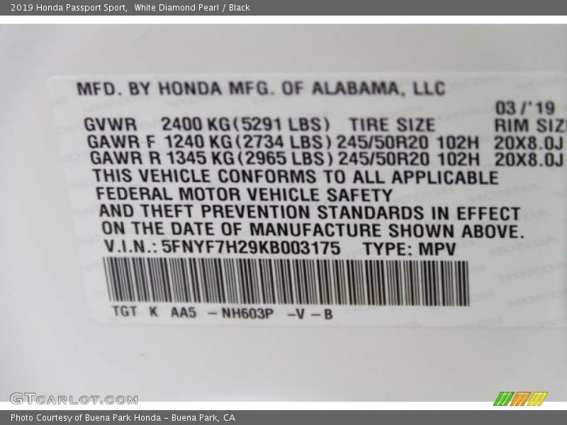 White Diamond Pearl / Black 2019 Honda Passport Sport