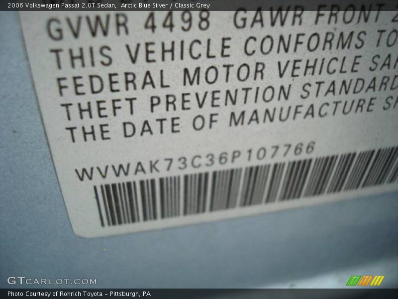 Arctic Blue Silver / Classic Grey 2006 Volkswagen Passat 2.0T Sedan