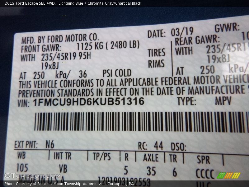 Lightning Blue / Chromite Gray/Charcoal Black 2019 Ford Escape SEL 4WD