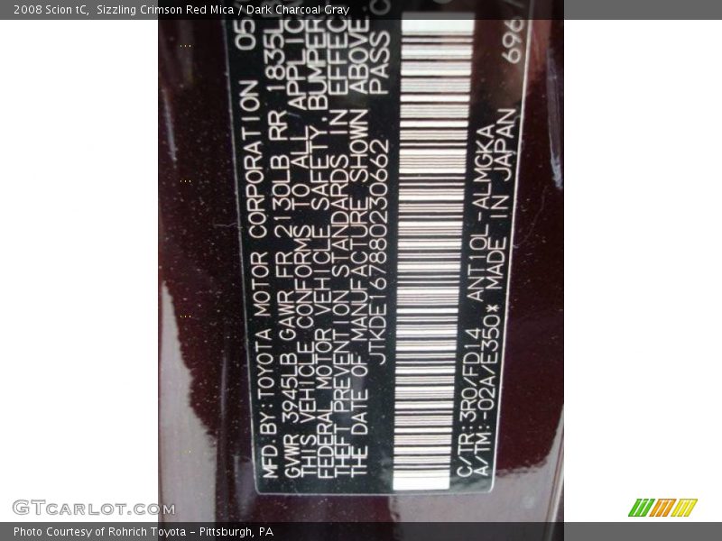 Sizzling Crimson Red Mica / Dark Charcoal Gray 2008 Scion tC