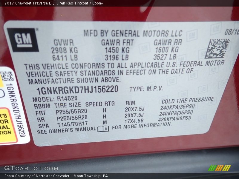 Siren Red Tintcoat / Ebony 2017 Chevrolet Traverse LT