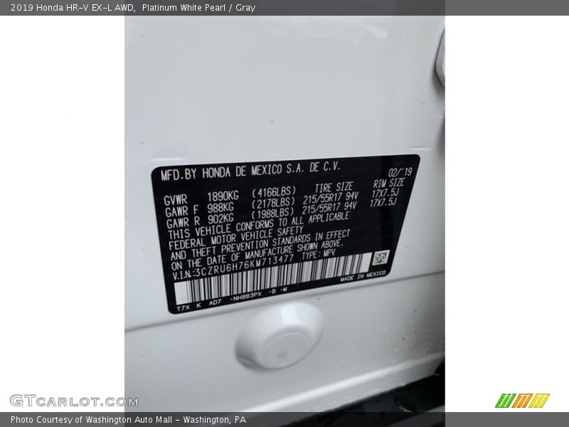 Platinum White Pearl / Gray 2019 Honda HR-V EX-L AWD