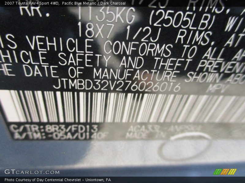 Pacific Blue Metallic / Dark Charcoal 2007 Toyota RAV4 Sport 4WD