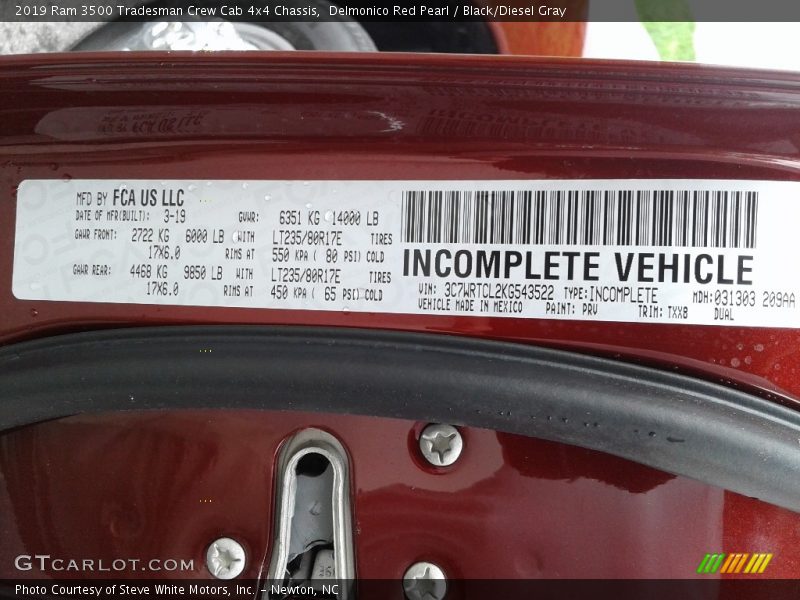 2019 3500 Tradesman Crew Cab 4x4 Chassis Delmonico Red Pearl Color Code PRV
