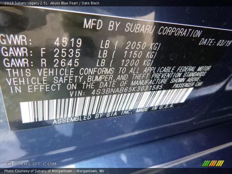 Abyss Blue Pearl / Slate Black 2019 Subaru Legacy 2.5i