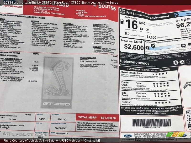  2018 Mustang Shelby GT350 Window Sticker