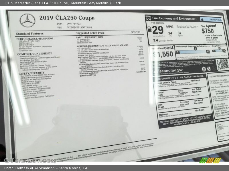 Mountain Grey Metallic / Black 2019 Mercedes-Benz CLA 250 Coupe