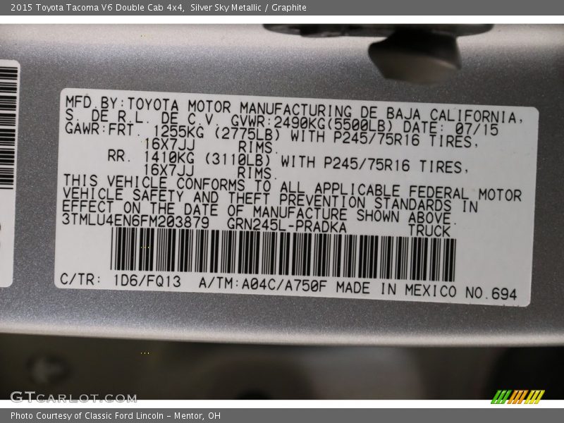 Silver Sky Metallic / Graphite 2015 Toyota Tacoma V6 Double Cab 4x4