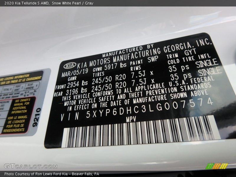 2020 Telluride S AWD Snow White Pearl Color Code SWP