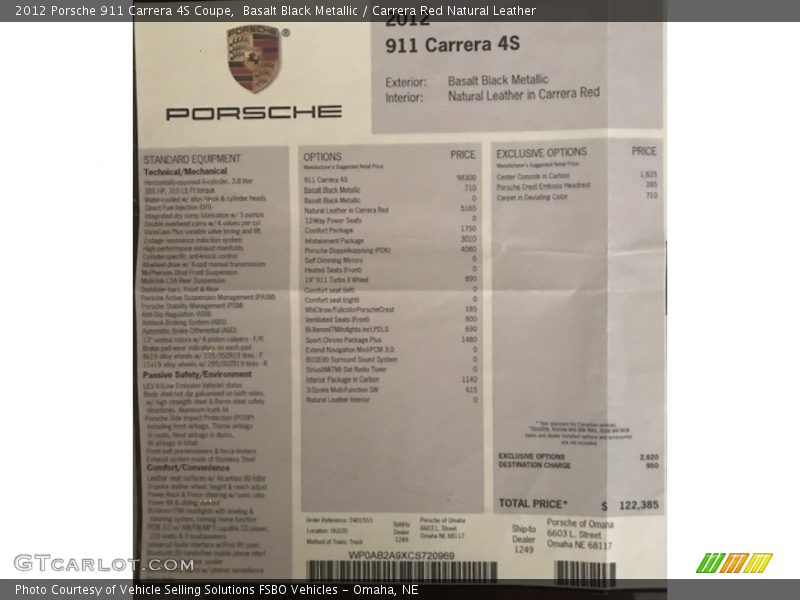  2012 911 Carrera 4S Coupe Window Sticker