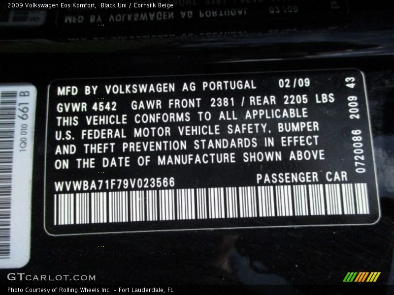 Black Uni / Cornsilk Beige 2009 Volkswagen Eos Komfort