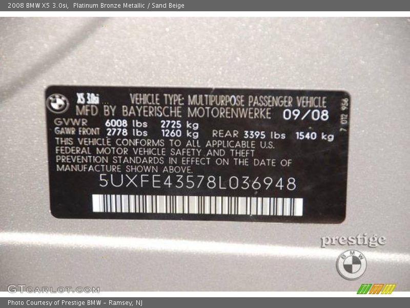 Platinum Bronze Metallic / Sand Beige 2008 BMW X5 3.0si