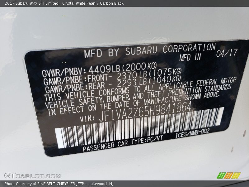 Crystal White Pearl / Carbon Black 2017 Subaru WRX STI Limited