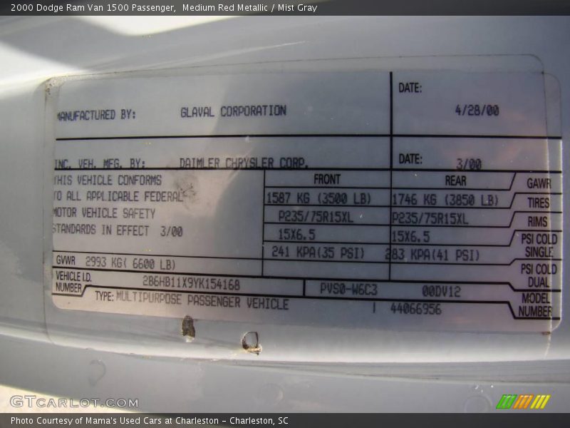 Medium Red Metallic / Mist Gray 2000 Dodge Ram Van 1500 Passenger