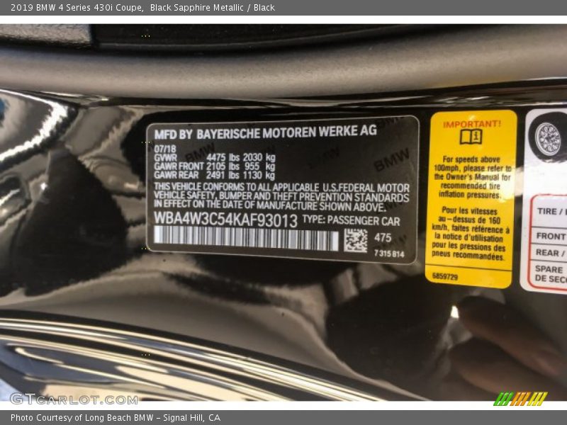 Black Sapphire Metallic / Black 2019 BMW 4 Series 430i Coupe