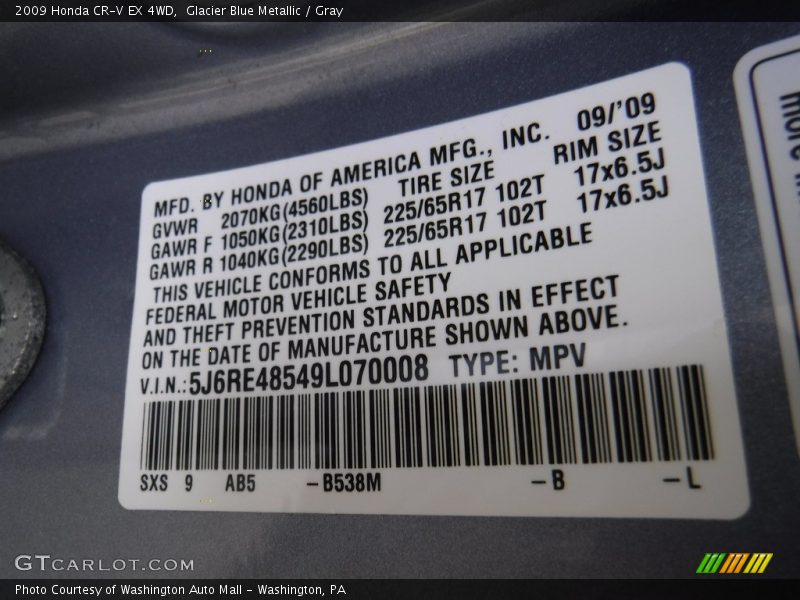 Glacier Blue Metallic / Gray 2009 Honda CR-V EX 4WD