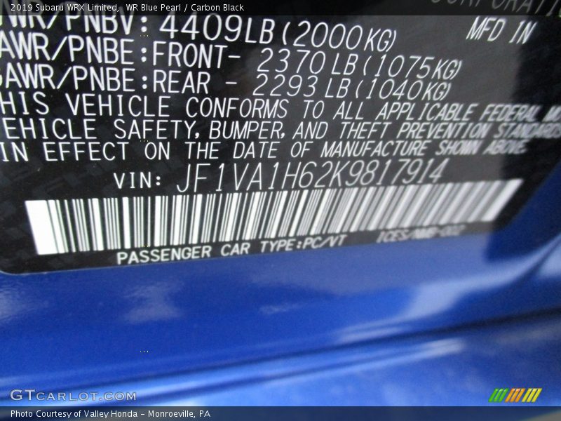 WR Blue Pearl / Carbon Black 2019 Subaru WRX Limited
