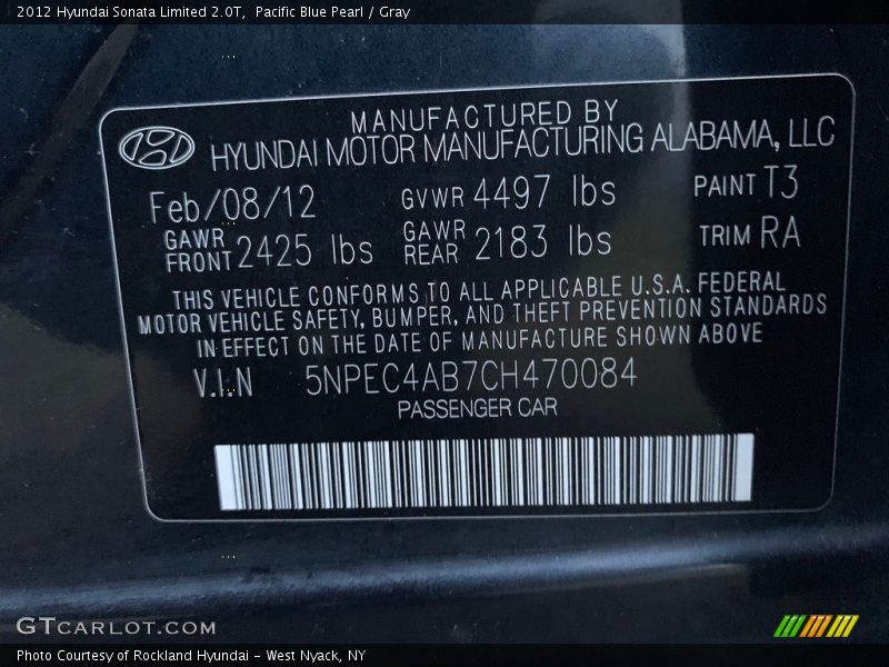 Pacific Blue Pearl / Gray 2012 Hyundai Sonata Limited 2.0T