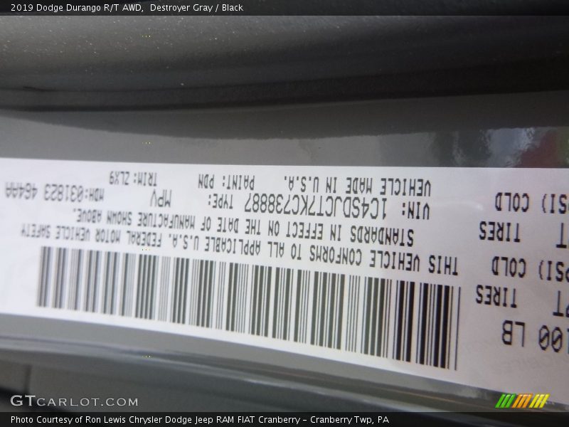 Destroyer Gray / Black 2019 Dodge Durango R/T AWD
