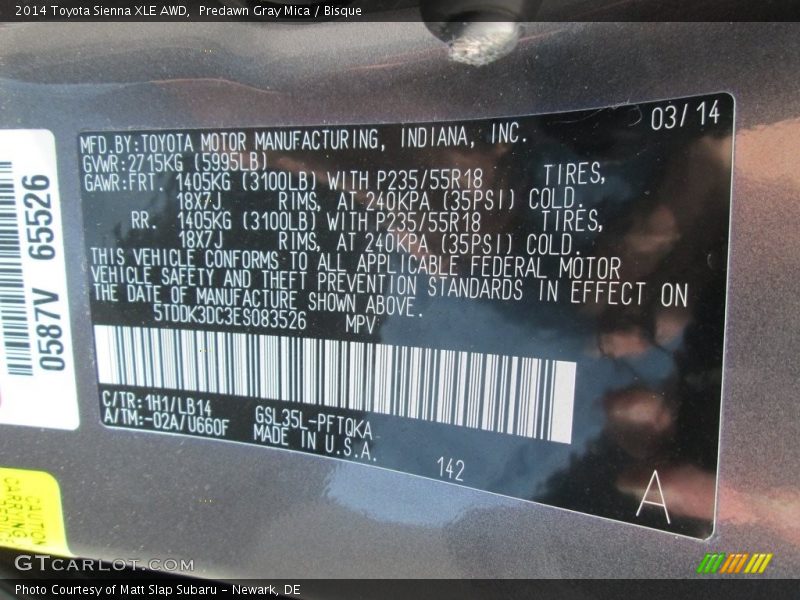 Predawn Gray Mica / Bisque 2014 Toyota Sienna XLE AWD