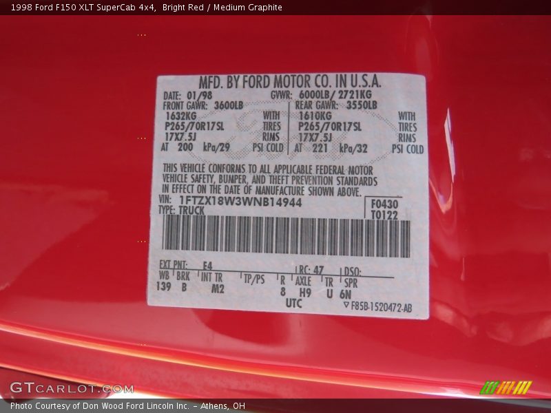 Bright Red / Medium Graphite 1998 Ford F150 XLT SuperCab 4x4