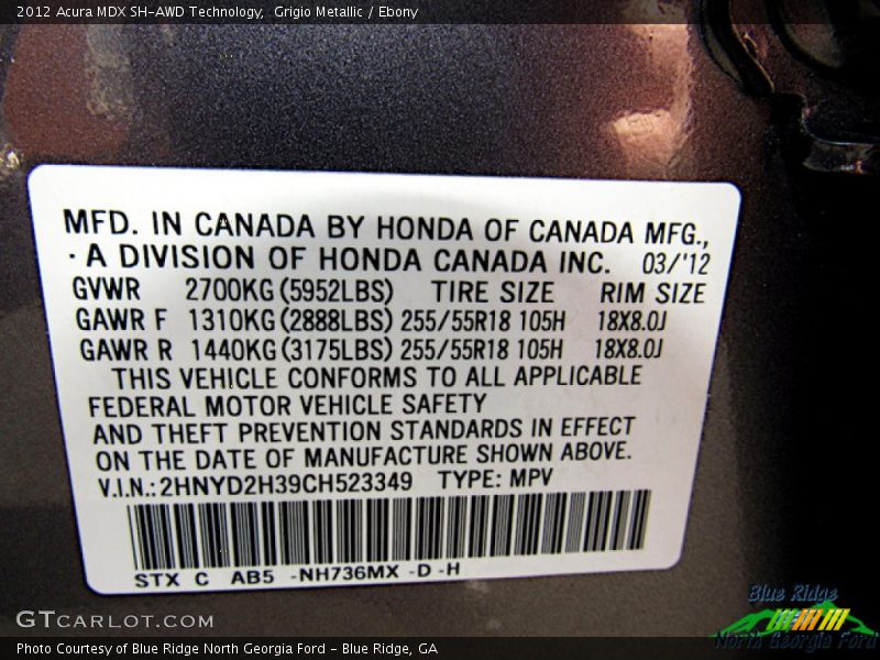 Grigio Metallic / Ebony 2012 Acura MDX SH-AWD Technology