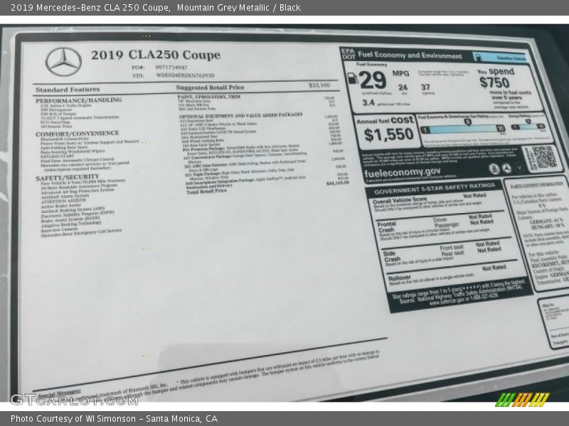 Mountain Grey Metallic / Black 2019 Mercedes-Benz CLA 250 Coupe